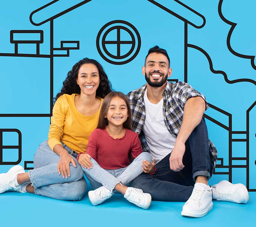 A family with their child outside their home