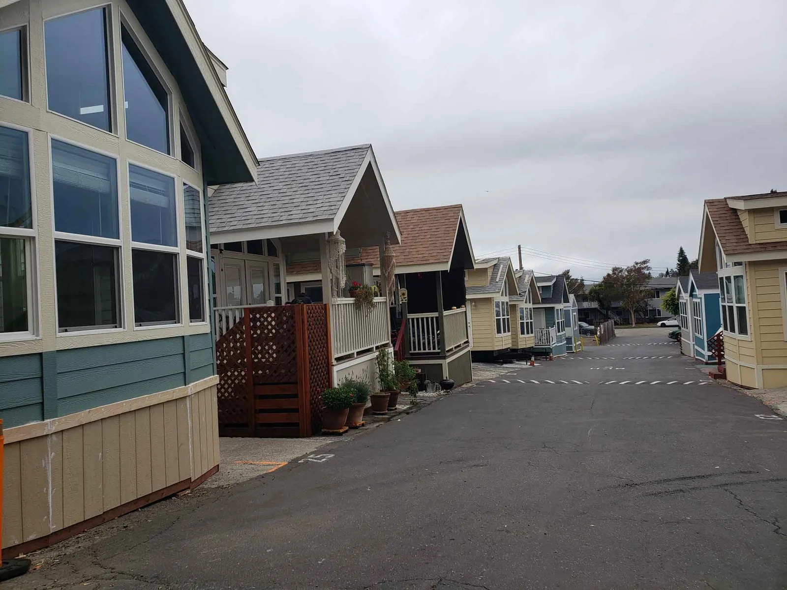 A row of cream, green and blue manufactured homes with small porches and potted plants along a paved lane, under a gray, cloudy sky.